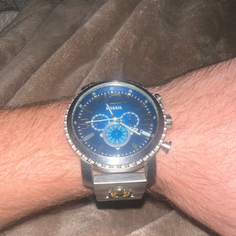 VINTAGE Fossil Blue and Silver Chronograph Watch with Stainless Steel Case